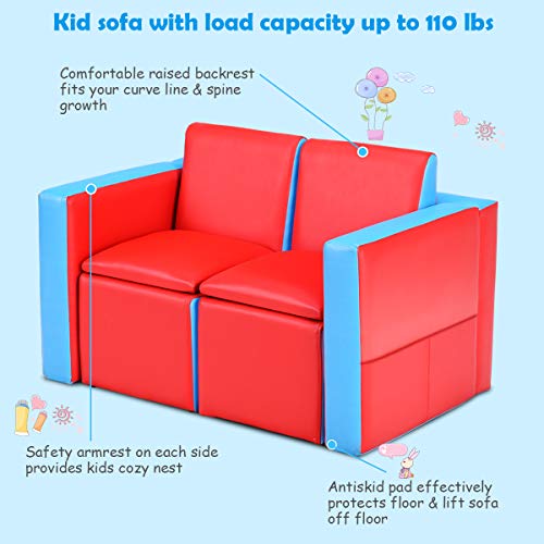 Costzon Kids Sofa, 2 In 1 Double Sofa Convert To Table And Two Chairs, Toddler Lounge With Wooden Frame And Pvc Surface, Children Boys Girls Couch Armrest Chair Double Seats With Storage Space (Red) #TOP6