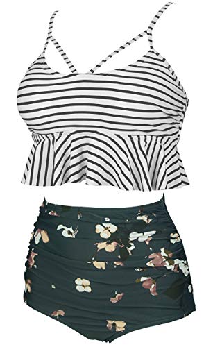 Cocoship Black White Striped & Bloom Floral Retro Falbala High Waist Bikini Set Crisscross Hollow Out Swimsuit Travel Swimwear Xl(Us10) #TOP1