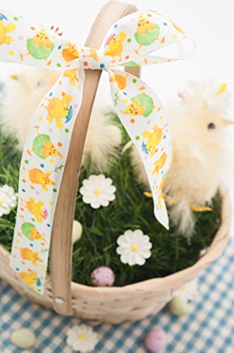 Berisfords Taffeta Easter/Spring Patterned Ribbon ‘Spring Chicks’ Multicolour on Yellow 25mm Wide 25m Reel - Image 2