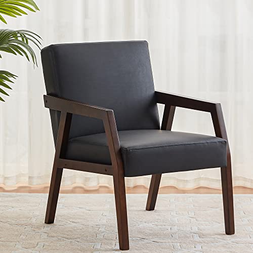 Huimo Pu Side Chair,Modern Mid Century Chair,Accent Chair,Wooden Armchair,Leather Chairs For Living Room,Reading Chair, Upholstered Elegant Bedroom Chair, Black #TOP6