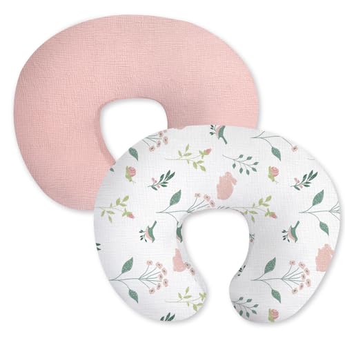 Image of Little Grape Land Muslin Nursing Pillow Covers 2 Pack, 100% Cotton Removable Breastfeeding Pillow Covers, Feeding Pillow Slipcovers for Baby Boys & Girls, (Bunny & Pink)