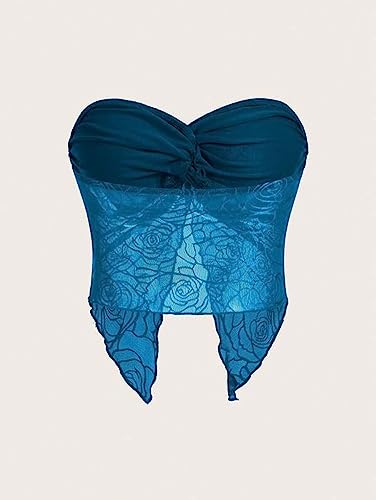 Meladyan Woman Twist Knot Front Split Embroidery Lace Crop Tube Tops Ruched Sheer Mesh Strapless Solid Crop Bandeau Tank Top2