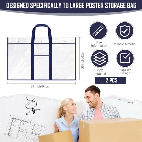Image of Windyun 2 Pack Large Poster Storage Bag 25 inch x 37 inch Bulletin Board Holder Art Portfolio Case PVC Art Portfolio Container Storage Box with Pocket for Classroom Teacher Organization(Blue)
