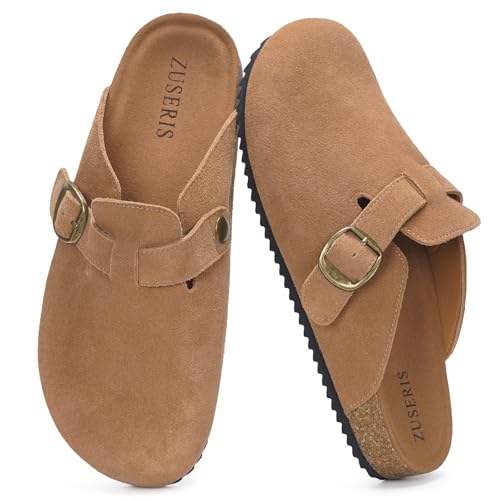 Image of ZUSERIS Suede Clogs for Women Men Wide Width Leather Mules | Soft Cork Footbed,Arch Support,Comfort Potato Shoes