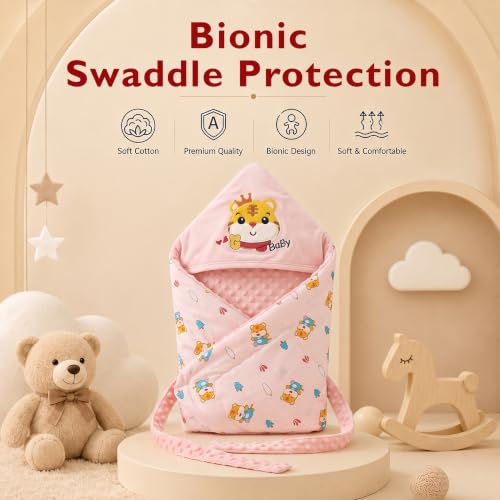 Image of StarAndDaisy Baby Swaddle Wrapper Blanket with Hood | Cotton & Soft Bean Velvet Receiving Blanket | Newborn Baby Wrap, Infant Sleeping Bag, Baby Quilt for Boys & Girls (Pink)