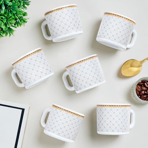 Image of Larah by BOROSIL 100ml x 6pc Opalware Kosmia Tea /Coffee Mug Set, Microwave & Dishwasher Safe Embossed Design Crockery Set Ideal for Daily Use & Gifting