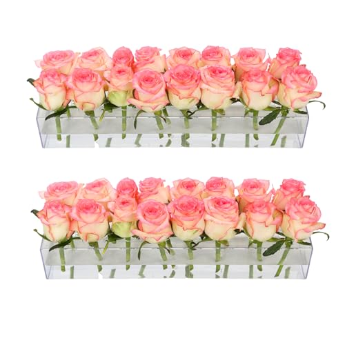 2Pack Clear Acrylic Flower Vase Rectangular 15.7 Inches Long Floral Centerpiece Low Vases with Holes for Dinning Table Home Decor Wedding Decoration