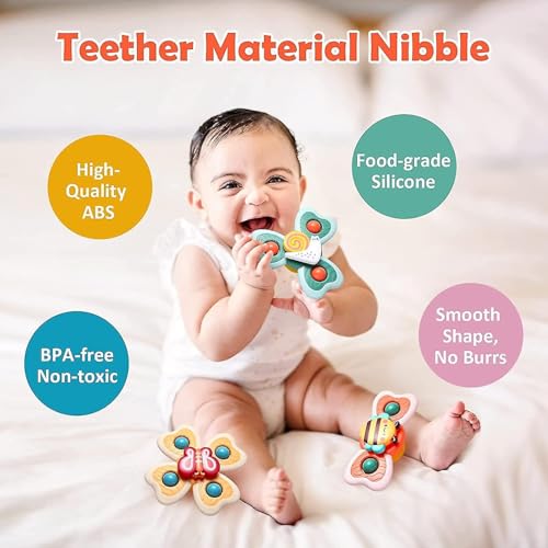 Image of PLUSPOINT Baby Suction Cup Spinner Toys - Set of 3 | Rotating Montessori Bath Toys for Baby Boys & Girls | Pop-Up Waterproof Spinning Top Toy for High Chair, Bathtub & Wall Play