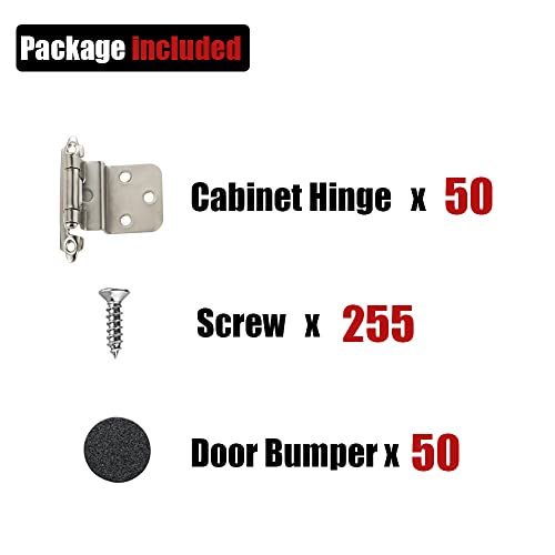 Jqk 3/8 Inch Inset Cabinet Door Hinges Satin Nickel, 50 Pack 25 Pairs Flush Face Mount Cupboard Self-Closing Kitchen Cabinet Hardware Hinges With Door Bumper, Ch201-Sn-P50 #TOP3