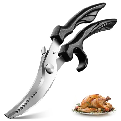 PURPLEBIRD Tijeras para Aves, Tijeras de Cocina Profesionales de Acero Inoxidable, con Cierre de Seguridad & Mango Antideslizante, Borde Dentado, Tijera en para Pollos para Carne, Verduras y Huesos