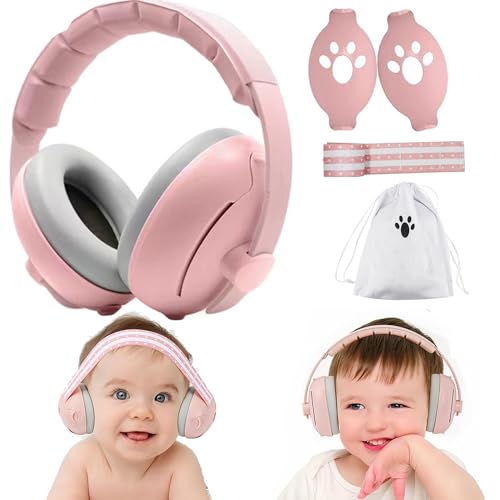 QSLKI 2 in 1 Baby Gehörschutz mit Geräuschunterdrückung - Verstellbare Kopfhörer Lärmschutz für Bis 48 Monate, Kapselgehörschützer für Neugeborene, Rosa