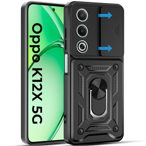 Image of A rtistque Armor Bumper Back Case Cover for Oppo K12x 5G | Stylish Ring Holder & Inbuilt Stand | Sliding Camera Cover | Shockproof TPU Protective Design | Oppo K12x 5g Backcover - Black