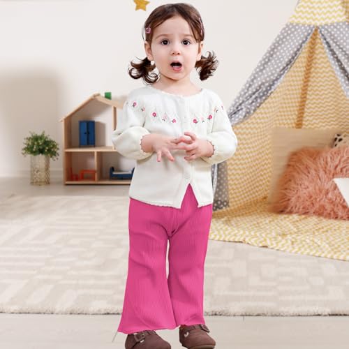 2 Pack Baby Girl Pants Toddler Ribbed Bell Bottoms with Pockets Stretchy Solid Ruffle Newborn Girl Flare Leggings2