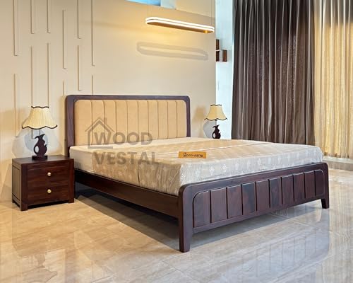Image of Wood Vestal Sheesham Wood Bed with Upholstered Head & Vertical Slat Foot, Solid Wood in Walnut Finish, Modern Design | King Size - (78 inchx72 inch) Without Mattress & Side Tables | Low Hight | QVG - 6' - D