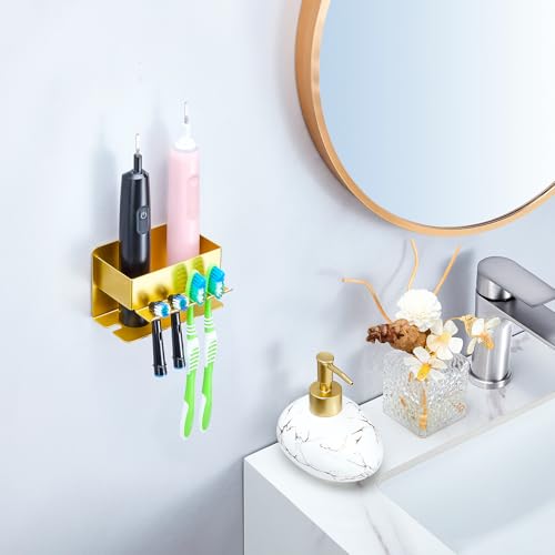 Image of Toothbrush Head Holders, Electric Tooth Brush Head Holder, Adhesive Toothpaste Holder for Shower Bathrooms, Wall Mounted Tooth Brushing Holder Organizer Storage (Gold, Small)