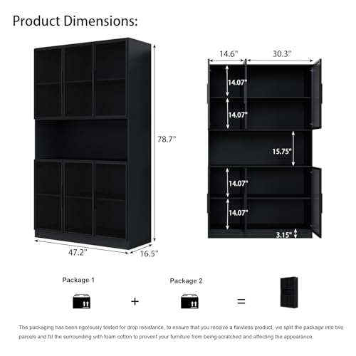Mekminop Glass Doors Display Cabinet with Lights and Shelves, Storage Cabinets Morden Bookcase Trophy Case Display Cabinet with Hutch for Collectibles - Black (47.2 "W x 16.5 "D x 78.7 "H) - Thumbnail 2