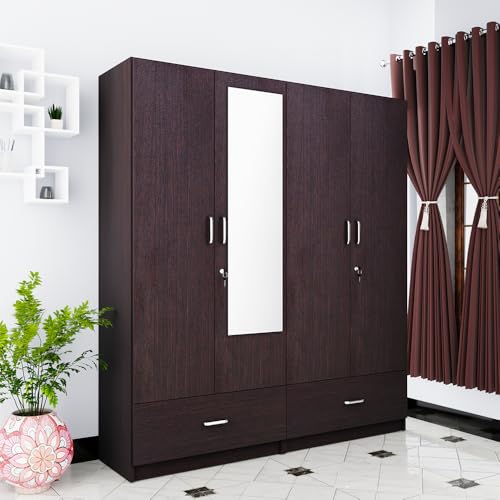 Image of VIKI Wardrobe | Wooden Almirah for 4 Door Wardrobe with 2 Split Drawer & Hanging Space with Mirror (Dark Wenge - 40D x 160W x 180.8H) | 1 Year Warranty | Free Assembly