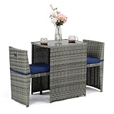 Bonnlo 3 PCS Wicker Outdoor Patio Bistro Set, Patio Furniture Set for Small Space with Glass Top Table Dining Chairs, Balcony Furniture Patio Table and Chairs Set of 2 for Garden Yard Porch (Grey)
