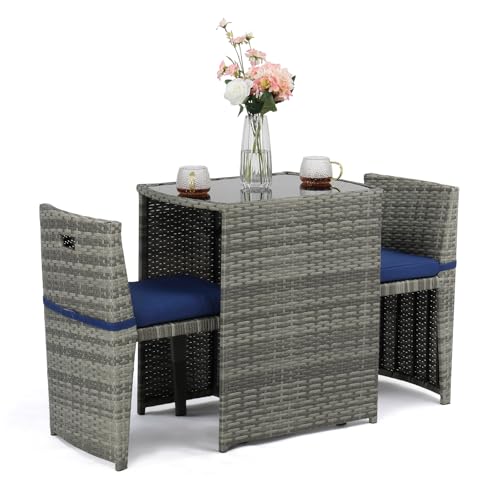 Bonnlo 3 PCS Wicker Outdoor Patio Bistro Set, Patio Furniture Set for Small Space with...