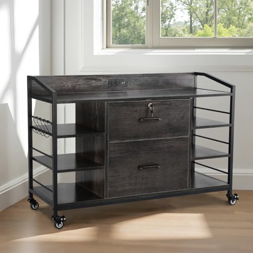 Image of VEVOR 2 Drawers Metal File Cabinet, Lateral Filing Cabinet with Lock and 6 Open Shelves, Wooden Wide Filing Storage Cabinets with Power Strip for Letter, A4, Legal Size File, Easy Assembly, Gray