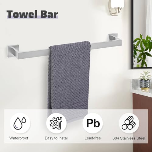 TNOMS Brushed Nickel Towel Bar Set,5-Piece Bathroom Hardware Set Includes Upgraded Double Base Paper Towel Holder Modern Square Towel Holder Set,Stainless Steel Wall Mount 23.6 Inch by TNOMS - Used condition - Image 3
