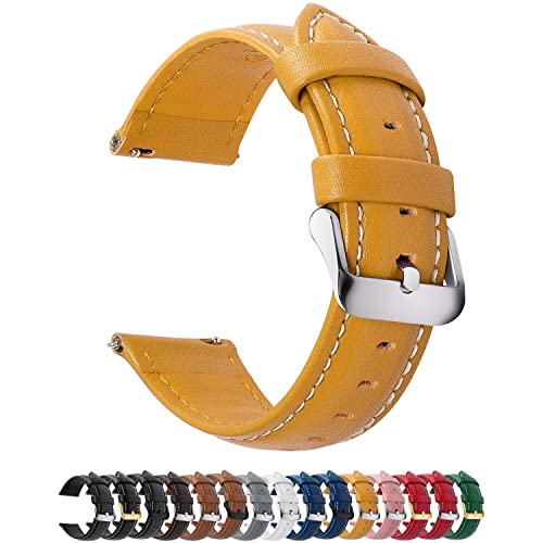 Image of Fullmosa Watch Straps 20mm, Axus Series Leather Strap Replacement Watch Strap with Stainless Steel Metal Clasp for Men Women 14 /16 /18 /20 /22 /24mm, Yellow 20mm | Strap for Garmin Vivoactive 6 /5,Venu Sq 2 /Sq,Galaxy Watch 7 /6 /5 40mm 44mm Women Men, Yellow&Silver Buckle
