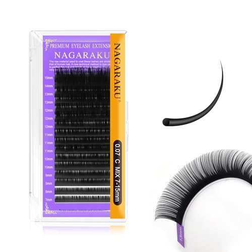 NAGARAKU Extension Ciglia Naturali Ciglia Singole Classico One to One Naturali Estensione Delle Individuale Finte Ciglia Volume Russo Eyelash Extensions Ciglia Nero 16 Rows(0.07mm C Curl 7-15mm)