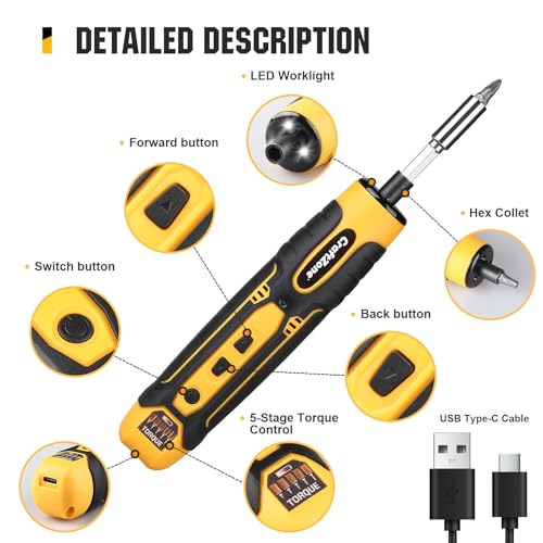 Electric Screwdriver Cordless Set with LED Light, USB Cordless Screwdriver Rechargeable, Level 5 Torque Screw driver, with 28 Pc Bit Set & Carrying Case for Home, Electronic, Automotive (Yellow) by CRAFTZONE - Image 9
