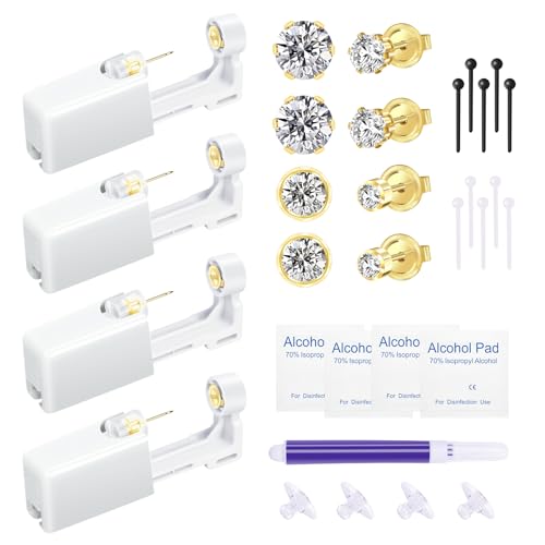 Makalong 4pcs Ear Piercing Kit Gold Ear Piercing Gun Gold Disposable Ear Piercing Kit Self Ear PIercing Gun Kit Easy And Safe Earring Piercing kit