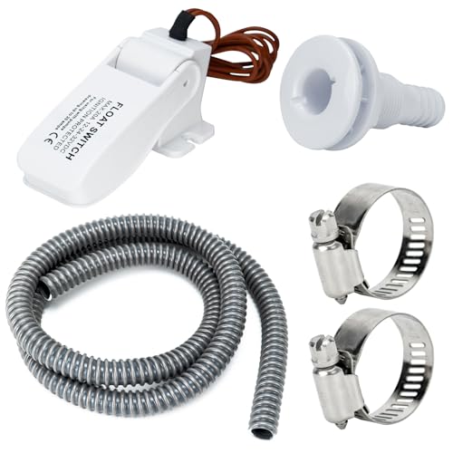 Bilge Pump Kit, Float Switch 12V 24V 32V Ignition Protected, 3/4 Inch Dia Bilge Plumbing Kit with 6 FT Premium Quality Kink-free Flexible PVC Hose, 2 Hose Clamps and Thru-Hull Fitting