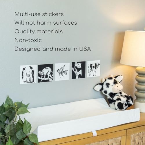Image of Restickable High Contrast Black & White Baby Stickers for Newborns, 18 Removable Vinyl Flashcards for Tummy Time and Nursery, Animals and Shapes
