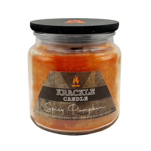Image of Krackle Candle | Spicy Pumpkin | 16 oz Scented Candle with Natural Crackling Wooden Wick | Poured in the USA | Pumpkin, Cinnamon & Vanilla Bean Fragrance