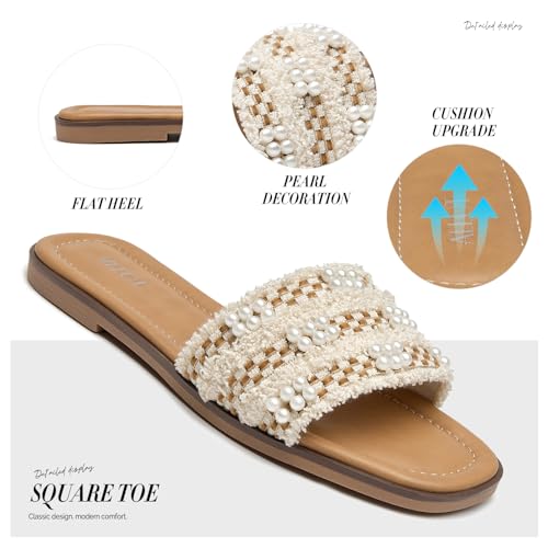 ALLOT Women's Pearls Flat Sandals Square Toe Slip On Comfortable Slides Summer Casual Beach Shoes3