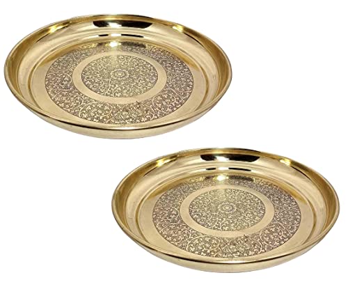 Image of A & H ENTERPRISES Brass Dinner Thali 11 Inch (27 cm) | Heavy Duty Round Brass Plate for Dining, Serving & Pooja | Etching Flower Design Traditional Khumcha Plate (Set of 2 Pc)