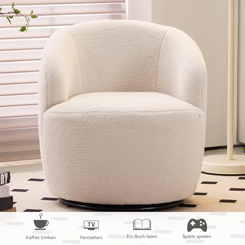 DEKKETO Teddy-Drehsessel, Runder Boucle Sessel mit 360° Drehbarem Metallfuß, Bequemer Gemütlicher Drehstuhl Ohne Rollen Schminktisch Stuhl Armlehnstuhl Lesesessel, Weiß