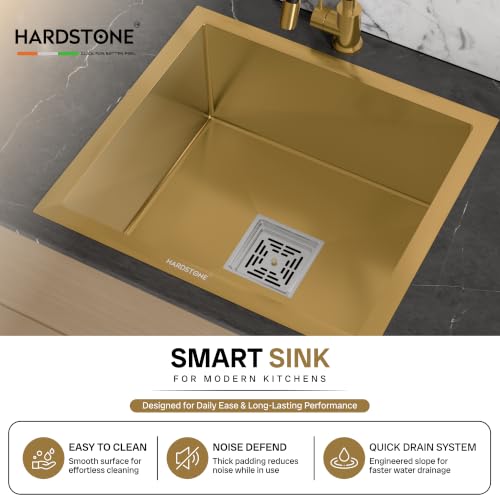 Image of HARDSTONE Premium Kitchen Sink | Single Bowl 16x18x9 Inch | Handmade Heavy Duty Stainless Steel Wash Basin with Matte Gold Finish | Includes Waste Hose Pipe, Coupling & Compact Drying Rack | Gold