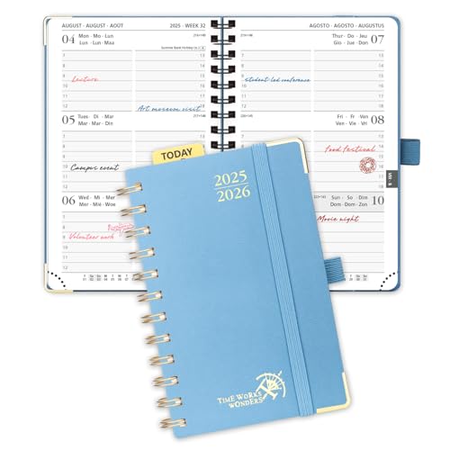 POPRUN 2025-2026 Academic Pocket (16x10.5 cm) Diary Week to View Small Spiral 17 Months (Aug'25 - Dec'26) A6 Planner, 25/26 Mid Year Weekly Diary (Haze Blue)