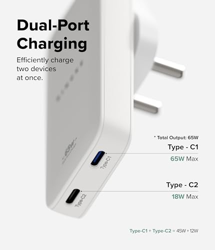 Image of Ringke 65W Ultra Slim GaN Fast Charger (Type C+Type C) Adapter for Nothing 3 /3a /2a /2, iPhone 17 /17 Air /17 Pro /17 Pro Max /16 /15 /14 /13 /12, (Super Fast Charging 3.0) S26 Ultra /S25 /S24 /S23, Pixel 10 /9 /8