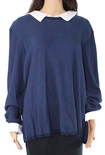 Foxcroft Women's Sweater Navy Plus Knitted 2fer Collared Blue 3X