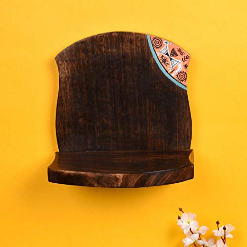 Image of AAKRITI ART CREATIONS Wooden Wall Decor Shelf with 2 Pots Madhubani Design | Handcrafted Wooden Hanging Shelf with Terracotta Vases | Matte Finish Decorative Art for Living Room, Entryway & Gifting