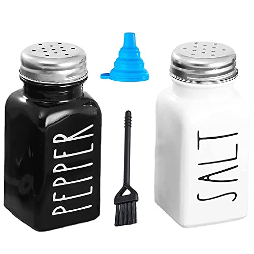 Ropniik Lot de 2 Salière et Poivrière,Moulins à Sel et à Poivre Salieres et Poivrieres Verre avec Bouchon en Acier Inoxydable pour Cuisine, Barbecue, Camping, Restaurant,Table à Manger(Noir et Blanc)