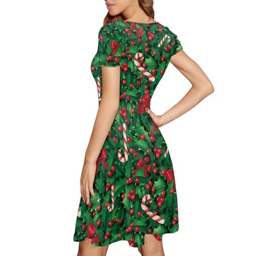 Image of POLERO Women Puffy Swing Elegant Party Midi Dresses Short Sleeve Round Neck A-Line Dress