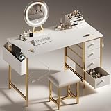 KAI-ROAD Gold Vanity Desk with Mirror and Light- Makeup Vanity Set Table with Chair...