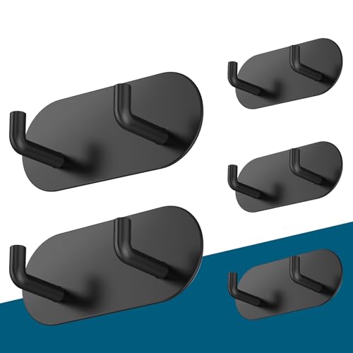 HouseUp Adhesive Hooks - 5 Pack Towe Coat Hooks Wall Hook Stick on Bathroom or Kitchen, Stainless Steel (Matte Black)
