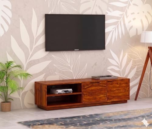 Image of sheesham Wood Standard Entertainment tv Unit Stand for Living Room (Teak Finish)