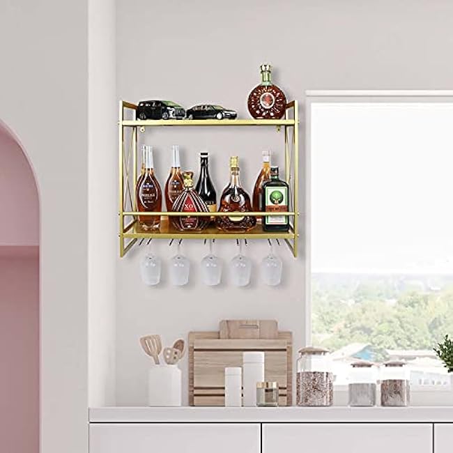Metal Multipurpose Shelf Hung Bracket 24.2in, Gold Wine Racks Wall Mounted with Glass Holder, 2-Tiers Wall Mount Bottle Holder Glass Rack
