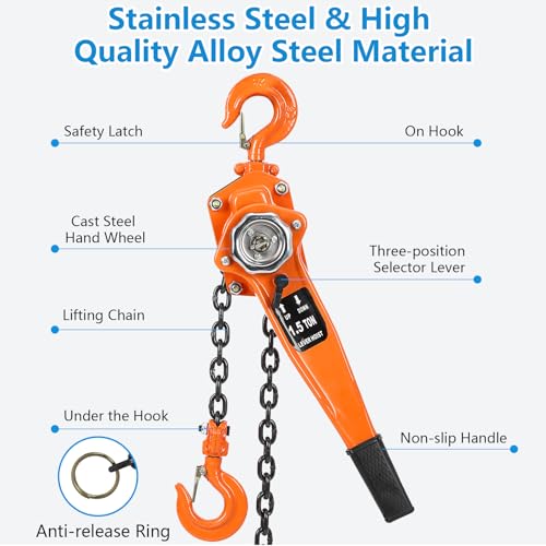 ACONEE Manual Lever Chain Hoist, 1.5 Ton 10 Ft Lift Lever Hoist Come Along, G80 Galvanized Carbon Steel with Weston Double-Pawl Brake, Auto Chain Leading & 360° Rotation Hook, for Garage Factory Dock by ACONEE - Image 5