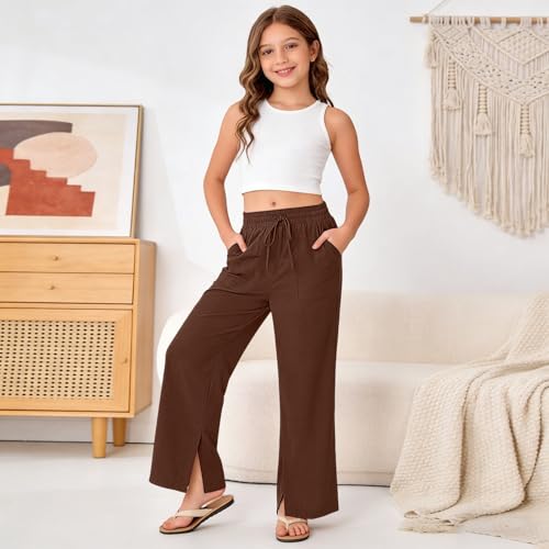 Image of Girls Linen Pants Wide Leg School Uniform Pants Cozy Elastic Waist Summer Casual Beach Lounge Trousers with Pockets