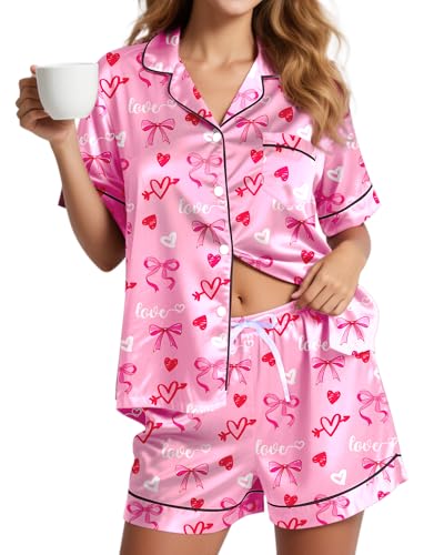 Kallenorox Women's Silky Valentines Pajama Sets Short Sleeve Satin Sleepwear Pink Bow and Red Heart Pj Sets for Woman Comfy Button Down 2 Piece loungewear Size L