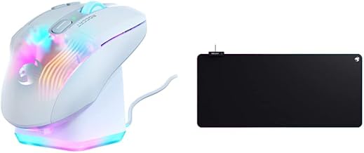 ROCCAT Kone XP Air – Wireless Customizable Ergonomic RGB Gaming Mouse, 19K DPI Optical Sensor & Sense AIMO XXL Ultra-Wide PC Gaming Mousepad, RGB Illumination, High Precision, Non Slip Back